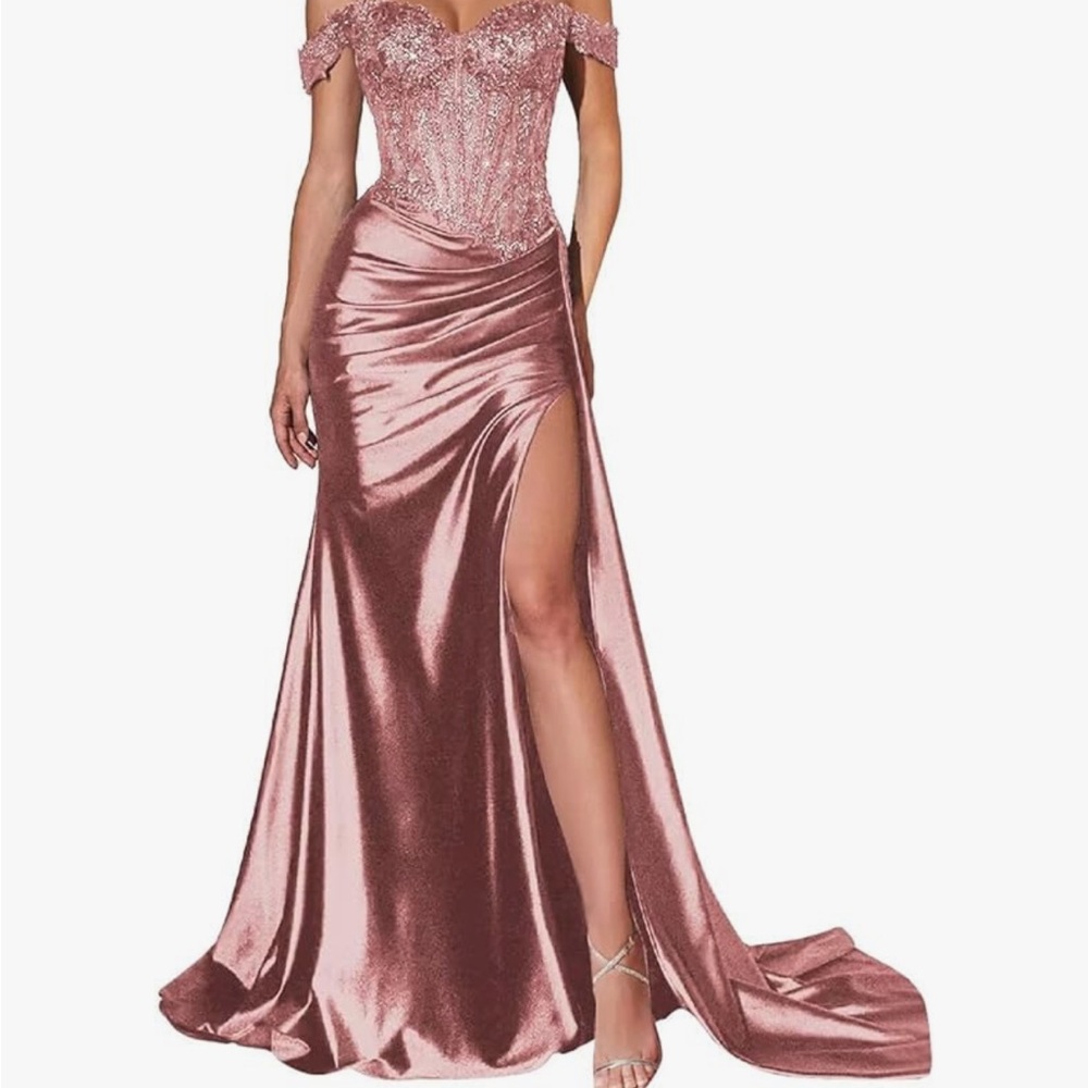Women’s Off the Shoulder Satin Bridesmaids Dress Long slit Mermaid Prom Dress La